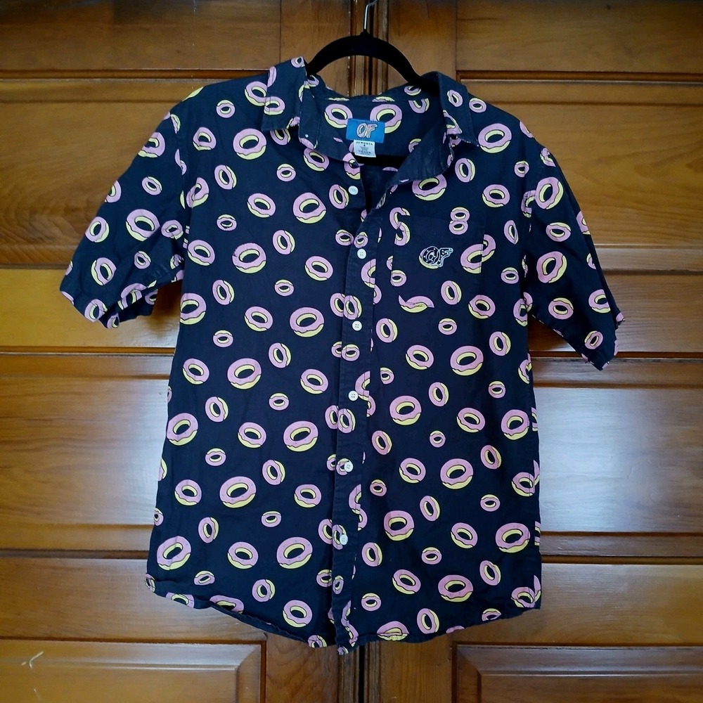 Odd Future Shirt Mens Small Black Donut All Over Print Button Up OFWGKTA Hip Hop